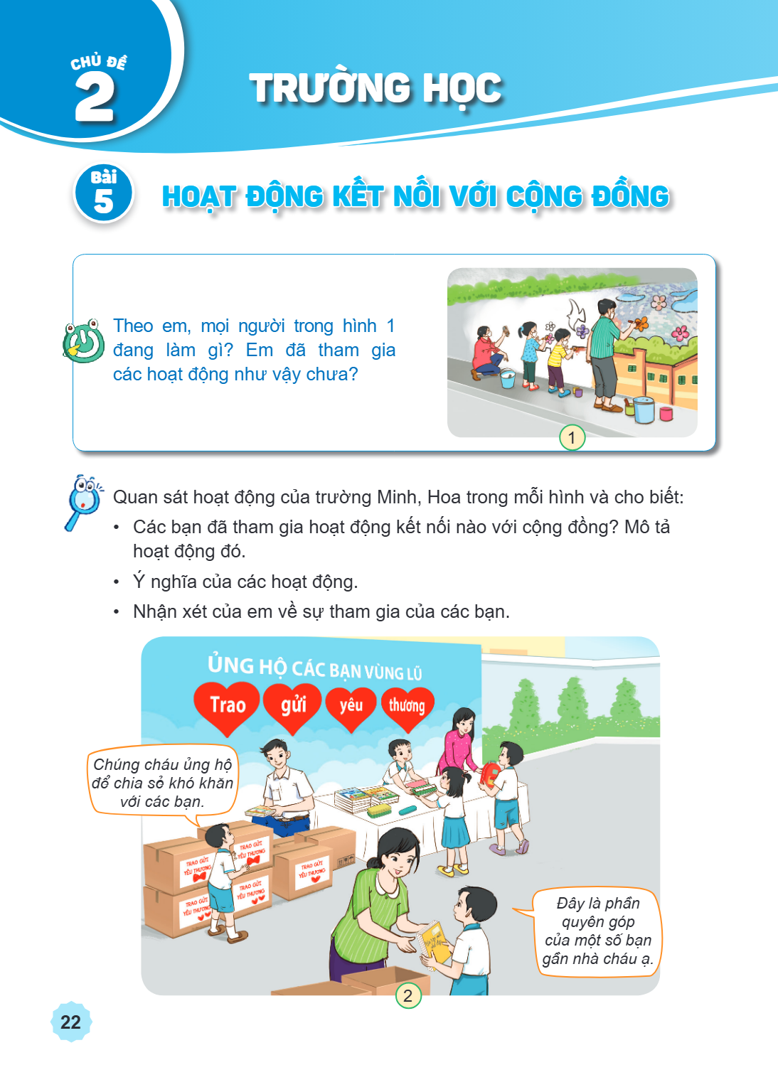 Chủ đề 2. Trường học Bài 5. Hoạt động kết nối với cộng đồng Theo em, mọi người trong hình 1 đang làm gì? Em đã tham gia các hoạt động như vậy chưa? 1 Quan sát h