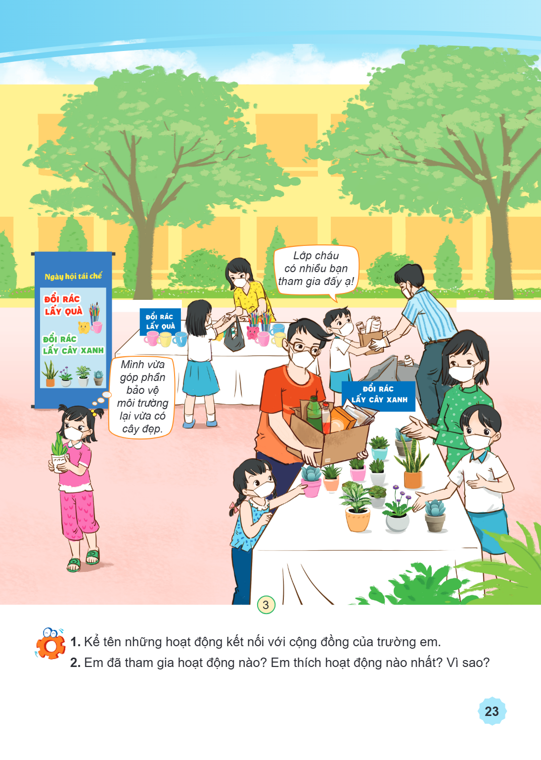 Mình vừa góp phần bảo vệ môi trường lại vừa có cây đẹp. Lớp cháu có nhiều bạn tham gia đấy ạ! 1. Kể tên những hoạt động kết nối với cộng đồng của trường em. 2. 