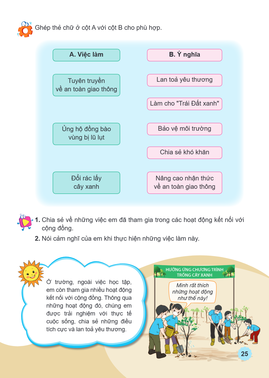 Ghép thẻ chữ ở cột A với cột B cho phù hợp. A. Việc làm B. Ý nghĩa Tuyên truyền về an toàn giao thông Ủng hộ đồng bào vùng bị lũ lụt Lan toả yêu thương Làm cho 