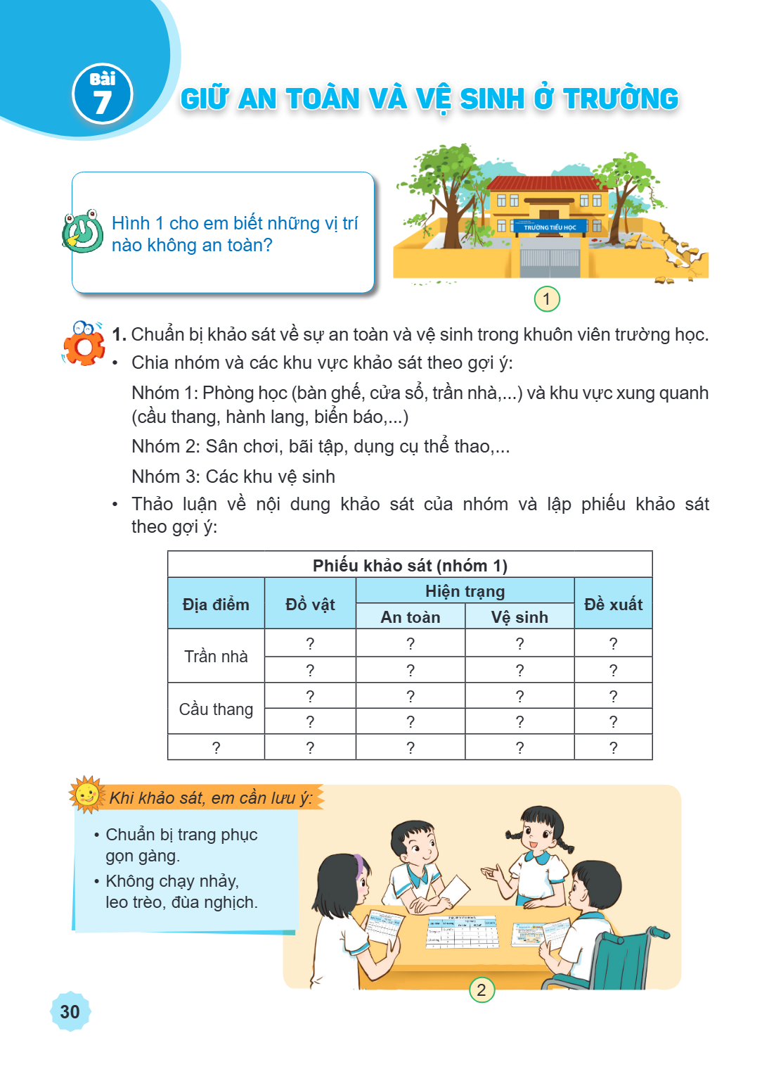 Bài 7. Giữ an toàn và vệ sinh ở trường Hình 1 cho em biết những vị trí nào không an toàn? Chuẩn bị khảo sát về sự an toàn và vệ sinh trong khuôn viên trường học