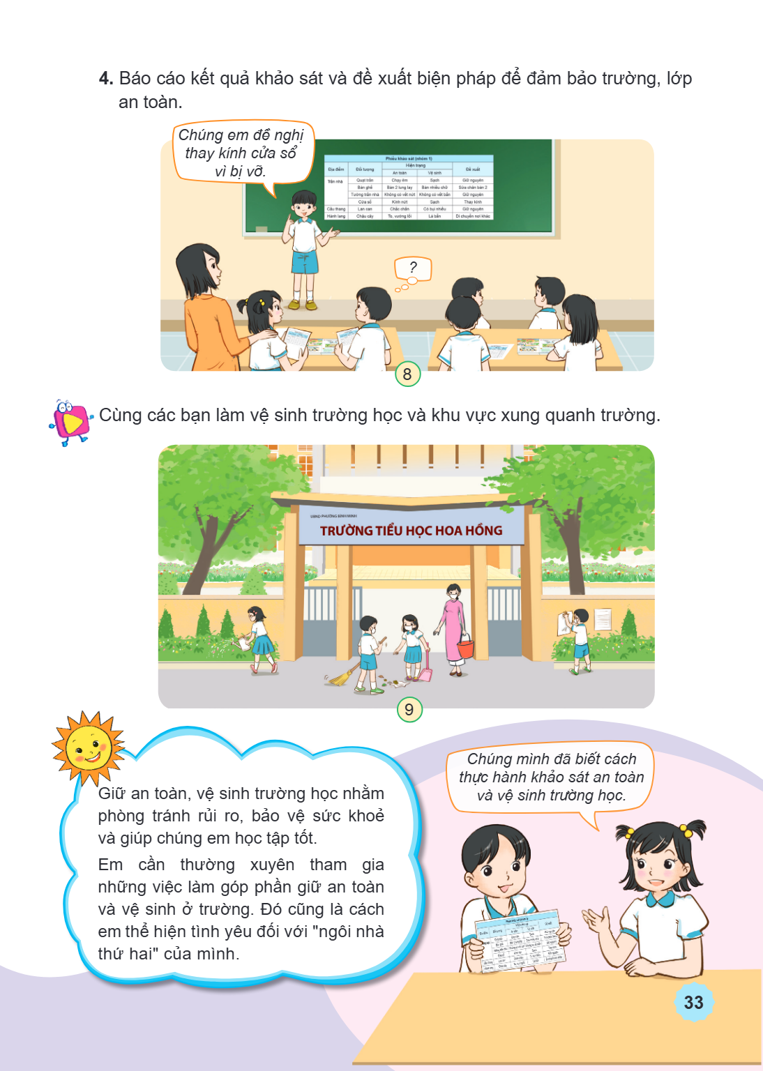 4. Báo cáo kết quả khảo sát và đề xuất biện pháp để đảm bảo trường, lớp an toàn. Chúng em đề nghị thay kính cửa sổ vì bị vỡ. ? Cùng các bạn làm vệ sinh trường h