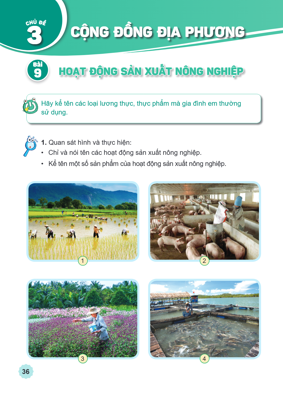CHỦ ĐỀ 3 CỘNG ĐỒNG ĐỊA PHƯƠNG Bài 9. Hoạt động sản xuất nông nghiệp Hãy kể tên các loại lương thực, thực phẩm mà gia đình em thường sử dụng. Quan sát hình và th