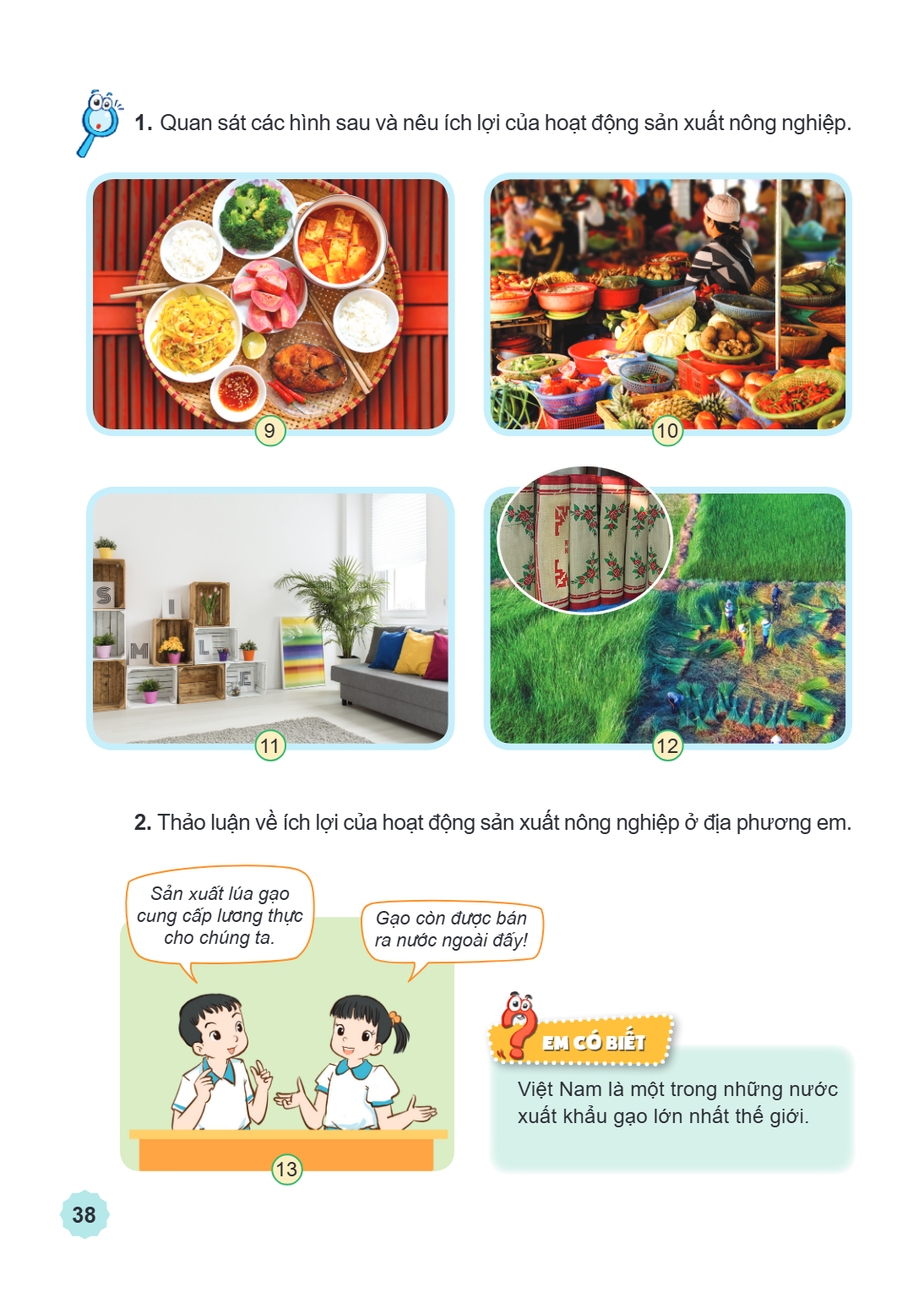 Quan sát các hình sau và nêu ích lợi của hoạt động sản xuất nông nghiệp. 9 10 11 12 Thảo luận về ích lợi của hoạt động sản xuất nông nghiệp ở địa phương em. Sản