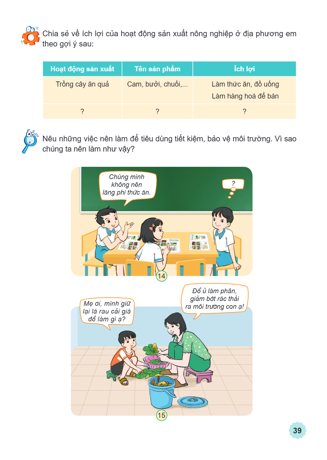 Chia sẻ về ích lợi của hoạt động sản xuất nông nghiệp ở địa phương em theo gợi ý sau: Hoạt động sản xuất, Tên sản phẩm, Ích lợi Trồng cây ăn quả, Cam, bưởi, chu