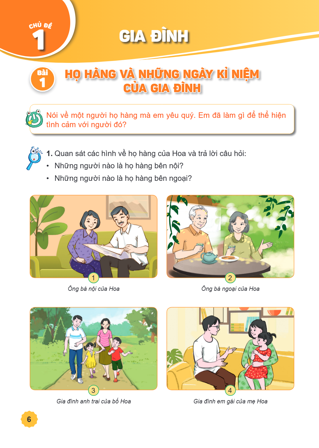 Chủ đề 1. GIA ĐÌNH Bài 1. Họ hàng và những ngày kỉ niệm của gia đình Nói về một người họ hàng mà em yêu quý. Em đã làm gì để thể hiện tình cảm với người đó? 1. 