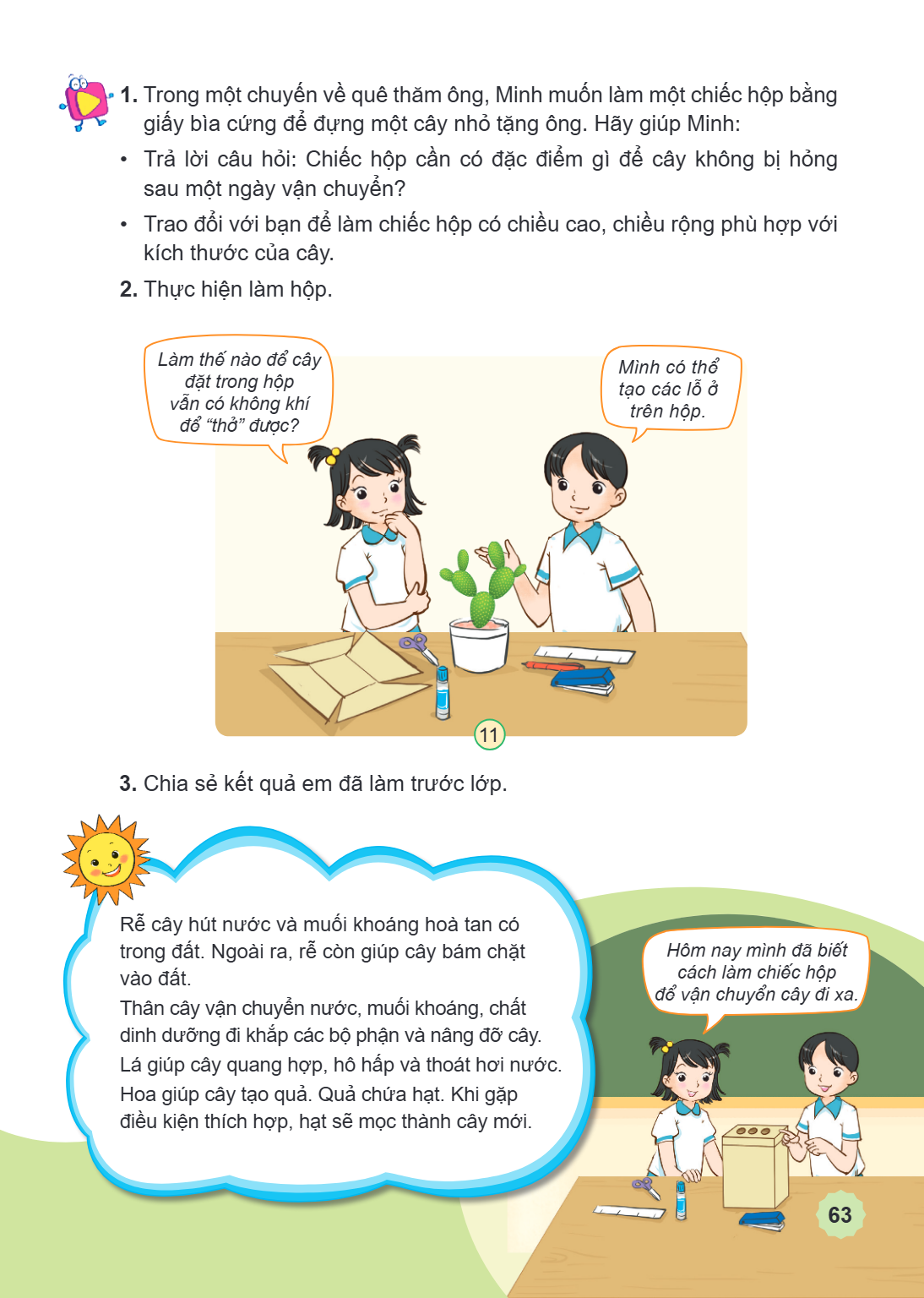 1. Trong một chuyến về quê thăm ông, Minh muốn làm một chiếc hộp bằng giấy bìa cứng để đựng một cây nhỏ tặng ông. Hãy giúp Minh: Trả lời câu hỏi: Chiếc hộp cần 