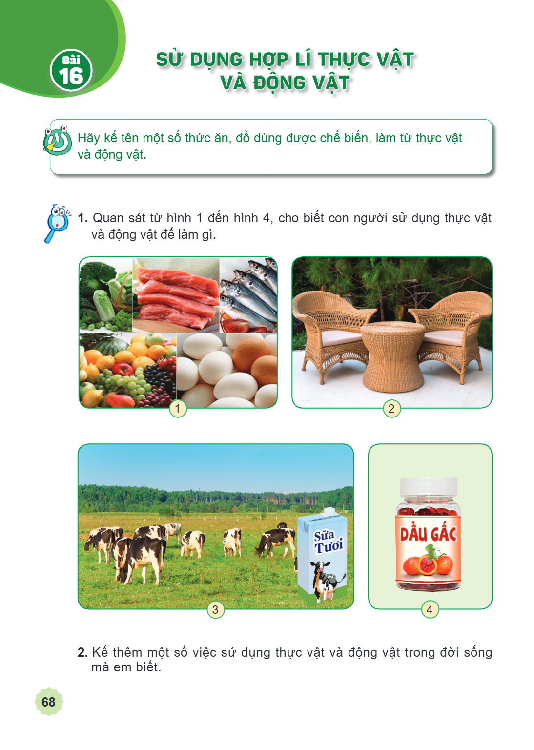 Bài 16. Sử dụng hợp lí thực vật và động vật Hãy kể tên một số thức ăn, đồ dùng được chế biến, làm từ thực vật và động vật. Quan sát từ hình 1 đến hình 4, cho bi