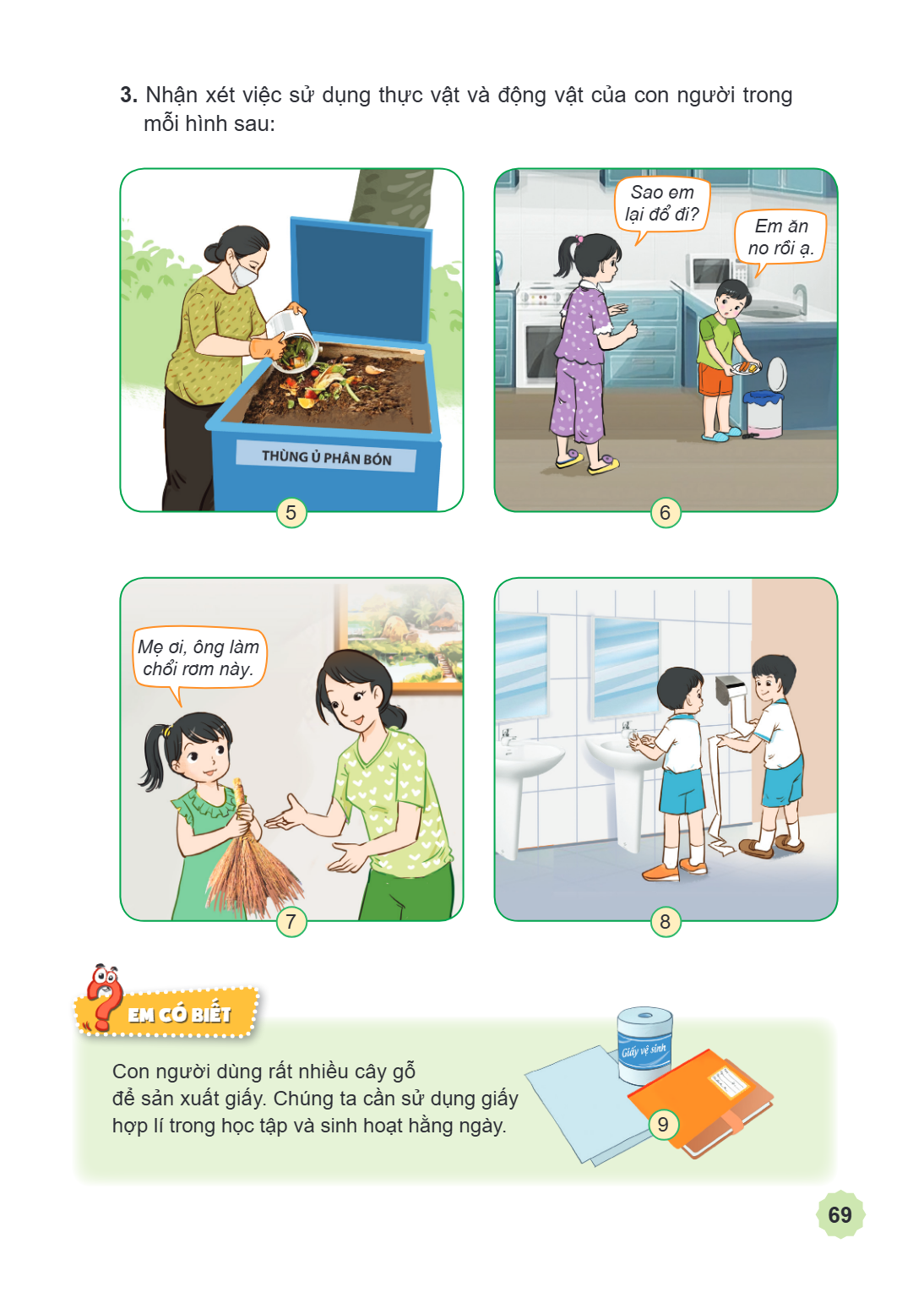 Nhận xét việc sử dụng thực vật và động vật của con người trong mỗi hình sau: 5 Sao em lại đổ đi? Em ăn no rồi ạ. 6 Mẹ ơi, ông làm chổi rơm này. 7 8 EM CÓ BIẾT C