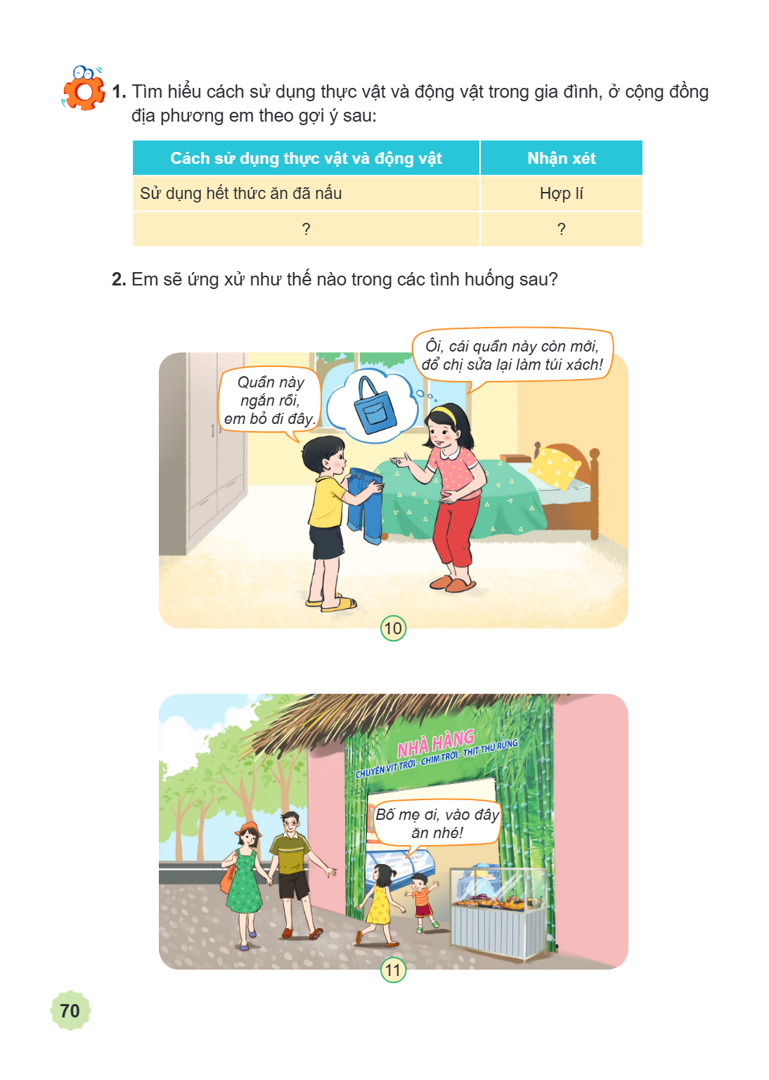 1. Tìm hiểu cách sử dụng thực vật và động vật trong gia đình, ở cộng đồng địa phương em theo gợi ý sau: Cách sử dụng thực vật và động vật, Nhận xét Sử dụng hết 