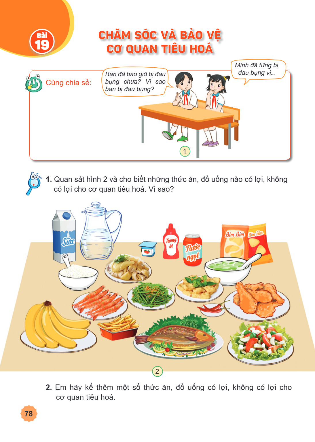 Bài 19. Chăm sóc và bảo vệ cơ quan tiêu hoá Cùng chia sẻ: Bạn đã bao giờ bị đau bụng chưa? Vì sao bạn bị đau bụng? Minh đã từng bị đau bụng vì... Quan sát hình 