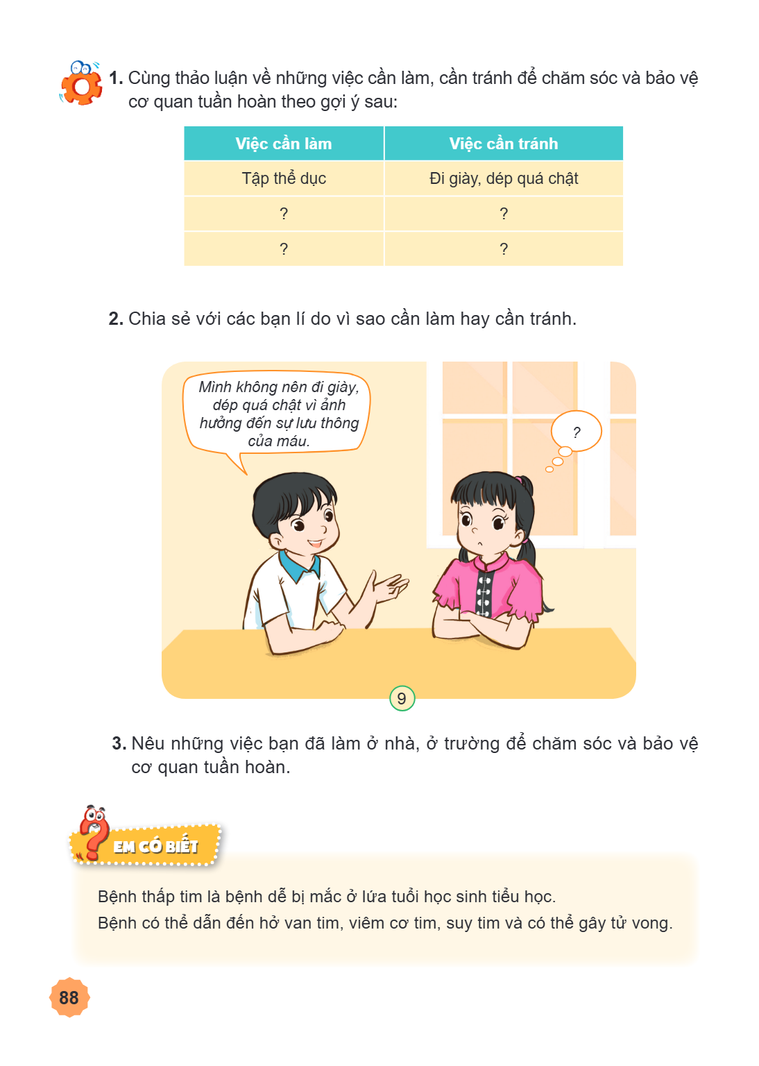 Cùng thảo luận về những việc cần làm, cần tránh để chăm sóc và bảo vệ cơ quan tuần hoàn theo gợi ý sau: Việc cần làm, Việc cần tránh Tập thể dục, Đi giày, dép q