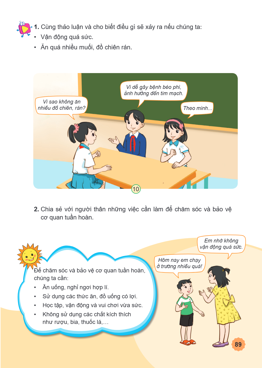 1. Cùng thảo luận và cho biết điều gì sẽ xảy ra nếu chúng ta: Vận động quá sức. Ăn quá nhiều muối, đồ chiên rán. Vì sao không ăn nhiều đồ chiên, rán? Vì dễ gây 