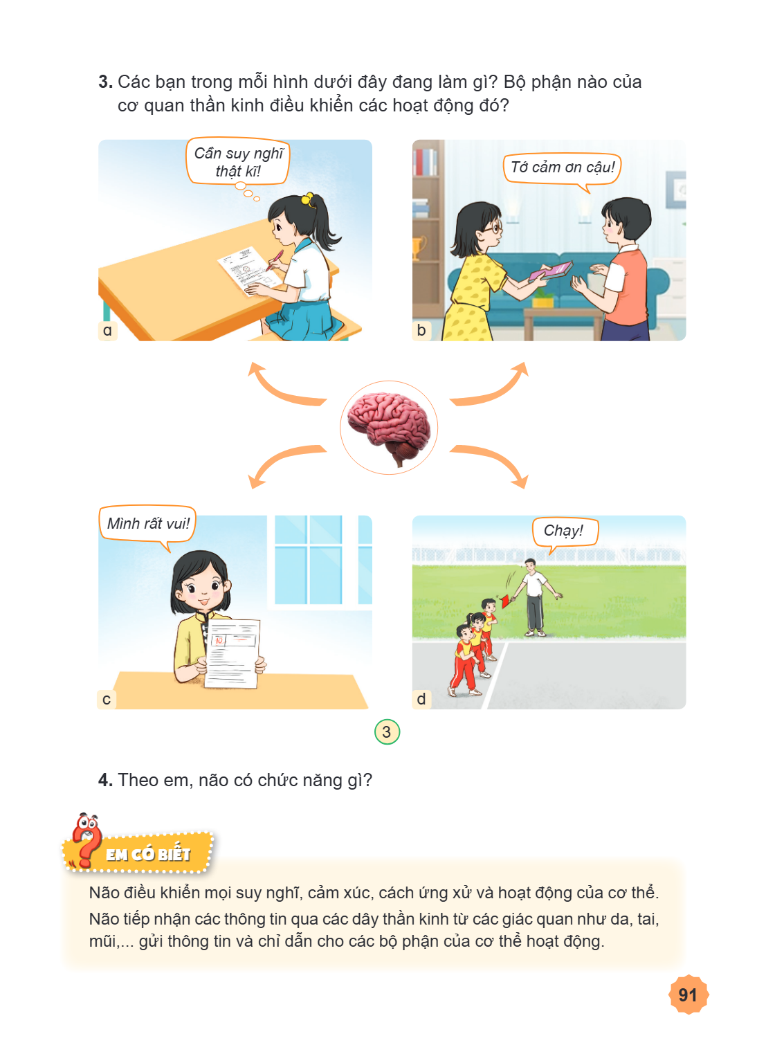 Các bạn trong mỗi hình dưới đây đang làm gì? Bộ phận nào của cơ quan thần kinh điều khiển các hoạt động đó? a b c d 3 Theo em, não có chức năng gì? EM CÓ BIẾT N
