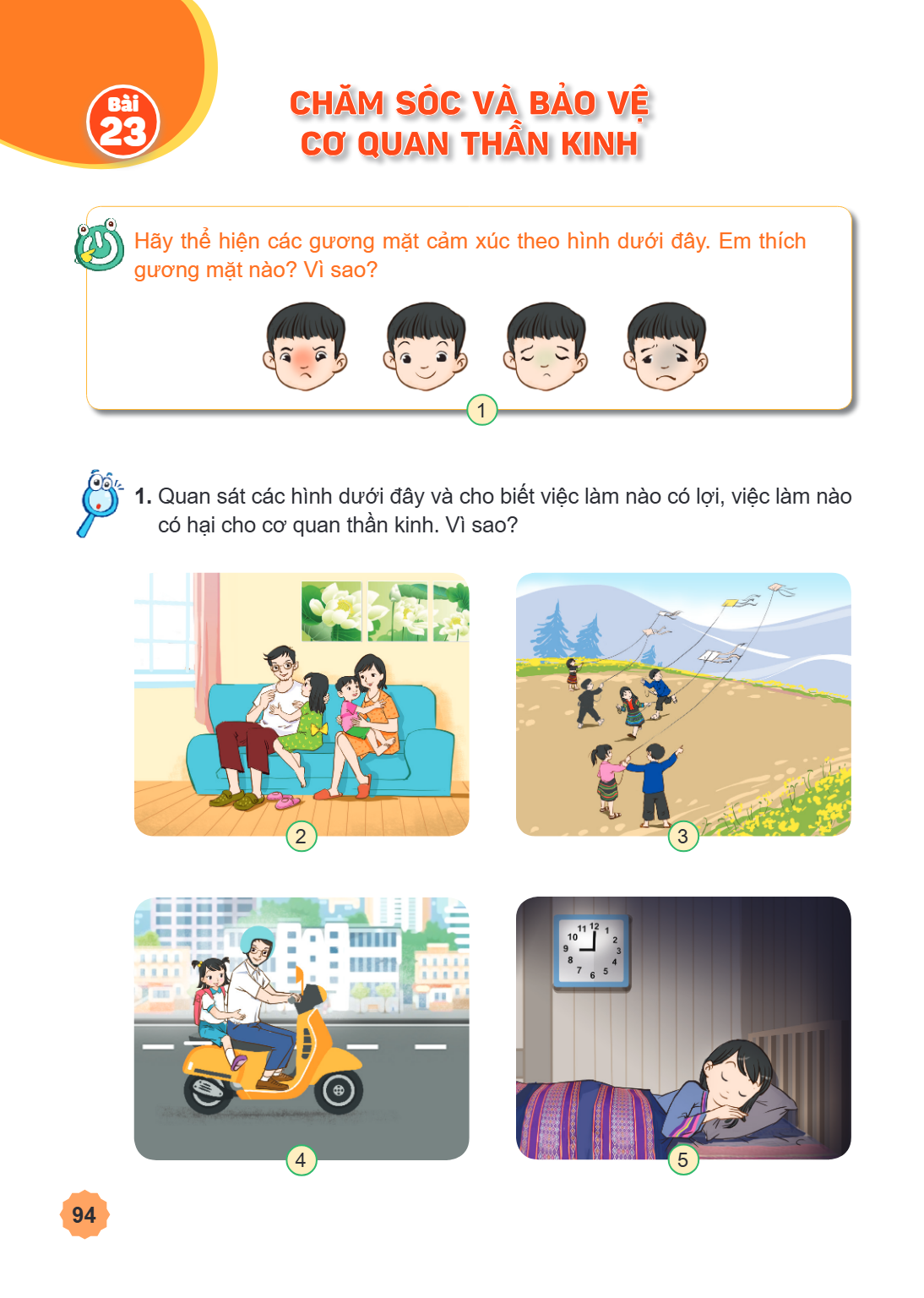 Bài 23. Chăm sóc và bảo vệ cơ quan thần kinh Hãy thể hiện các gương mặt cảm xúc theo hình dưới đây. Em thích gương mặt nào? Vì sao? Quan sát các hình dưới đây v