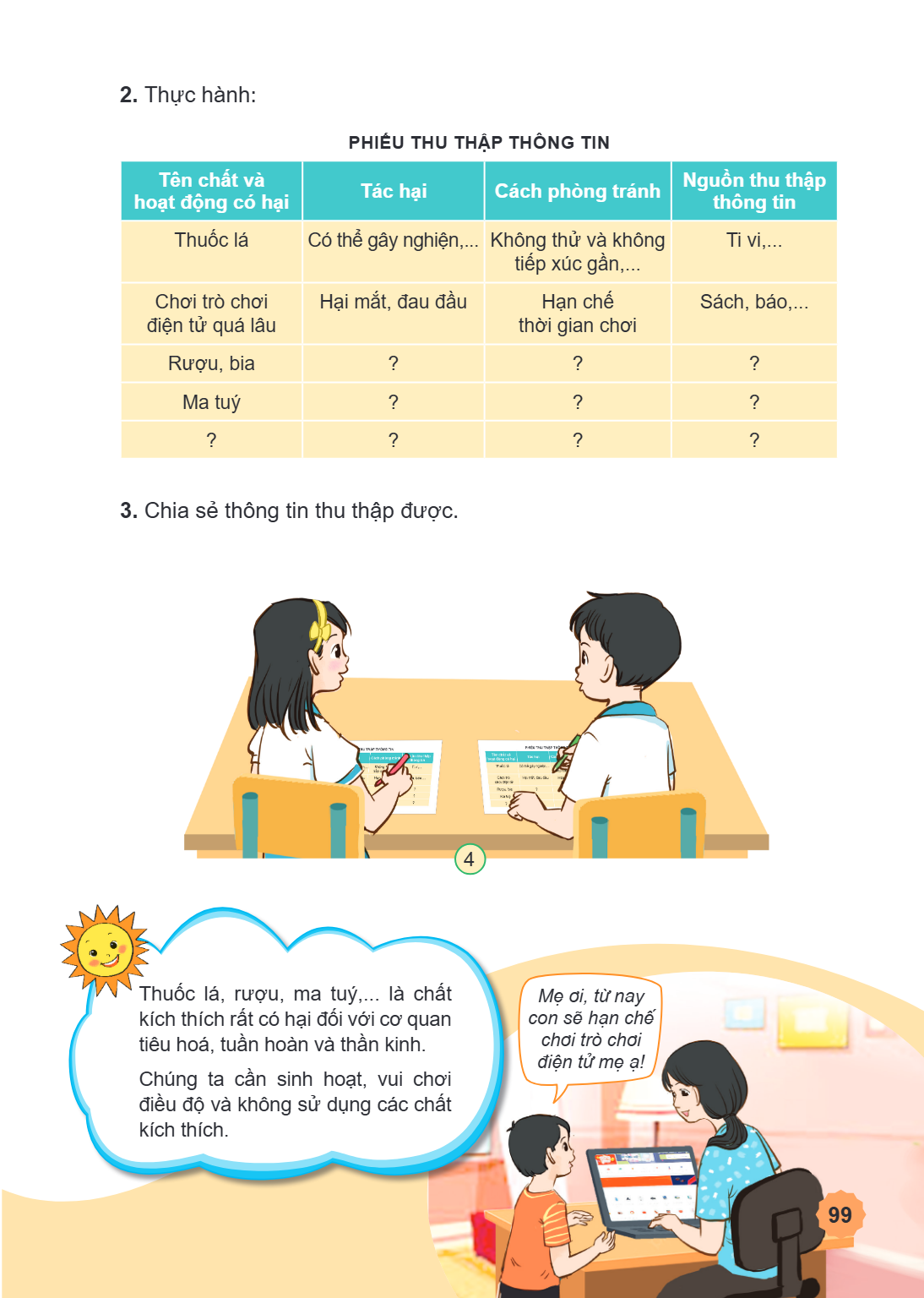 Thực hành: PHIẾU THU THẬP THÔNG TIN Tên chất và hoạt động có hại, Tác hại, Cách phòng tránh, Nguồn thu thập thông tin Thuốc lá, Có thể gây nghiện,..., Không thử
