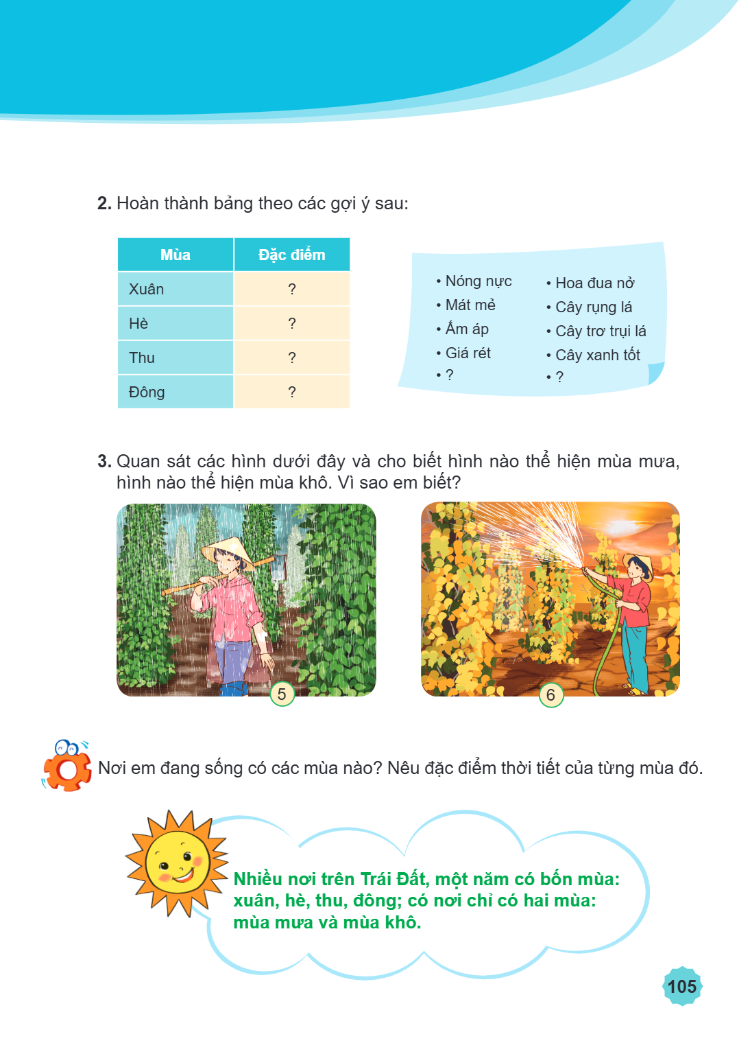 Hoàn thành bảng theo các gợi ý sau: Mùa, Đặc điểm Xuân, ? Hè, ? Thu, ? Đông, ? Nóng nực Mát mẻ Ấm áp Giá rét ? Hoa đua nở Cây rụng lá Cây trơ trụi lá Cây xanh t