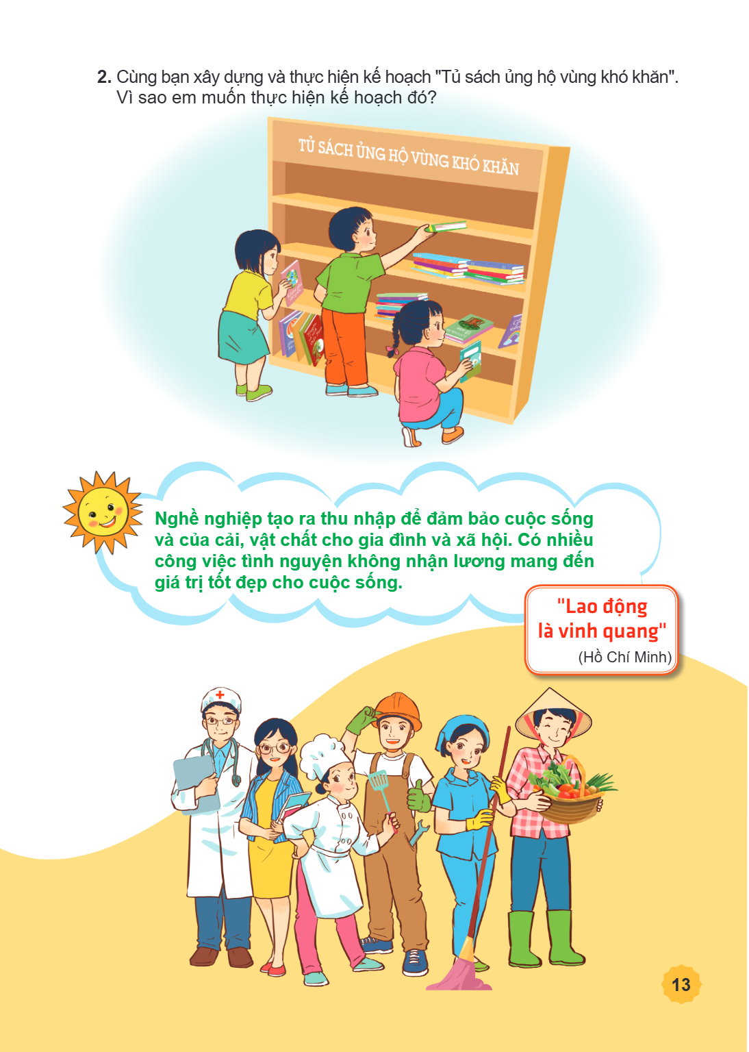 Cùng bạn xây dựng và thực hiện kế hoạch "Tủ sách ủng hộ vùng khó khăn". Vì sao em muốn thực hiện kế hoạch đó? Nghề nghiệp tạo ra thu nhập để đảm bảo cuộc sống v