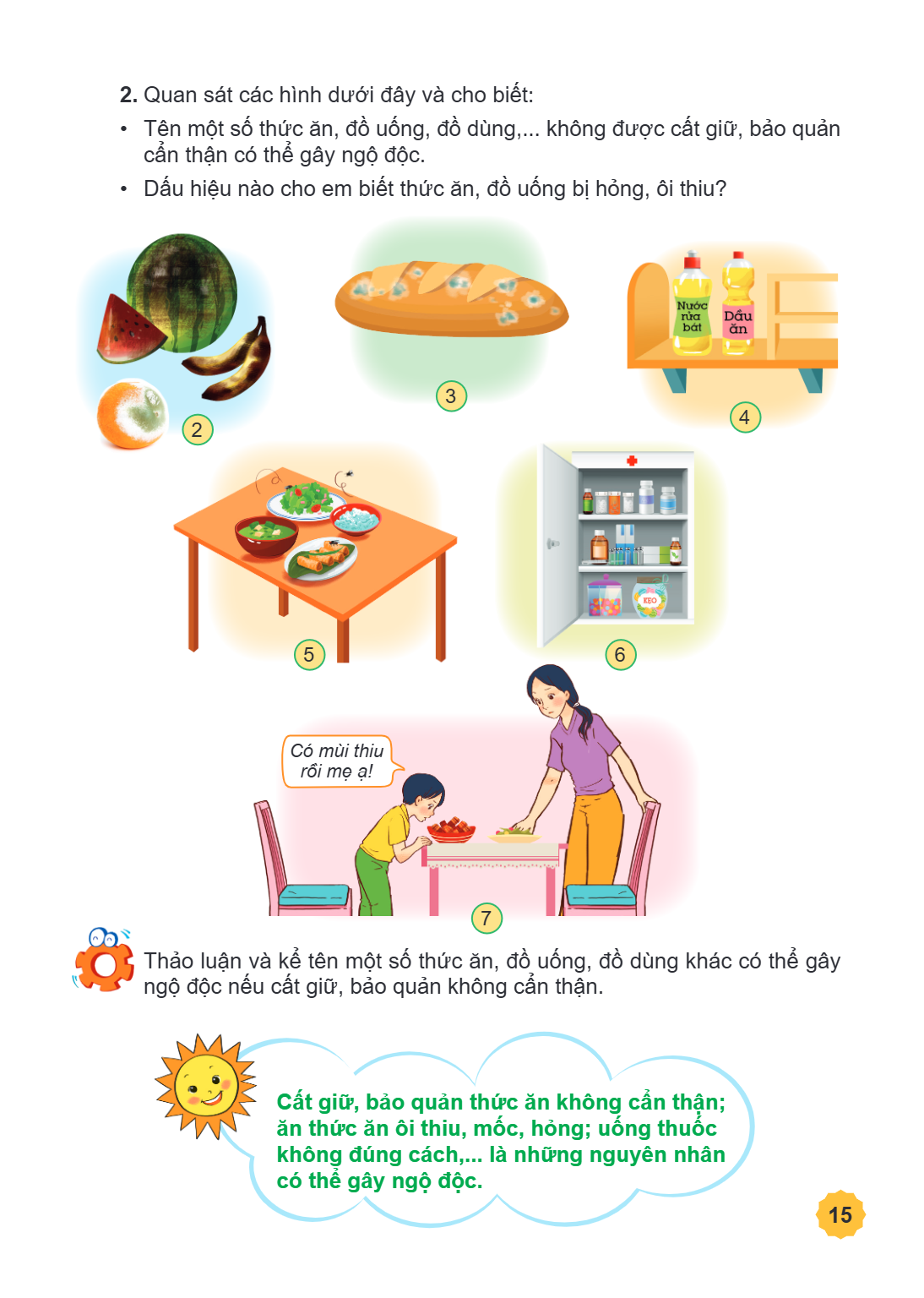 2. Quan sát các hình dưới đây và cho biết: Tên một số thức ăn, đồ uống, đồ dùng,... không được cất giữ, bảo quản cẩn thận có thể gây ngộ độc. Dấu hiệu nào cho e