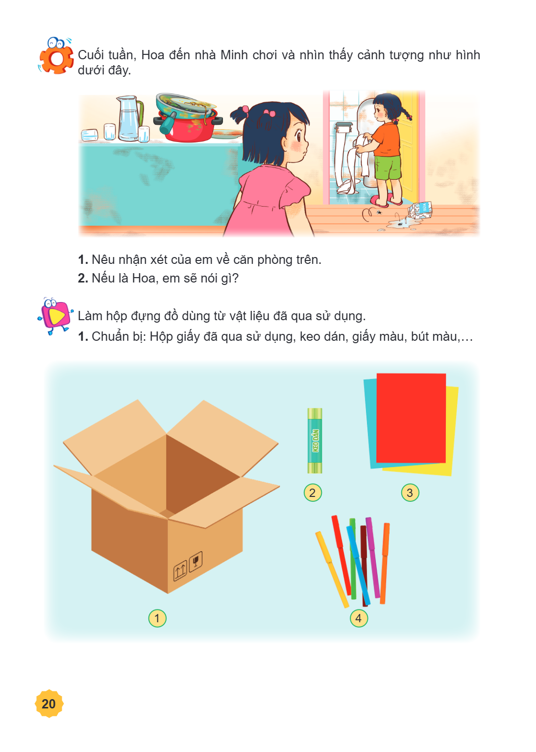 Cuối tuần, Hoa đến nhà Minh chơi và nhìn thấy cảnh tượng như hình dưới đây. 1. Nêu nhận xét của em về căn phòng trên. 2. Nếu là Hoa, em sẽ nói gì? Làm hộp đựng 