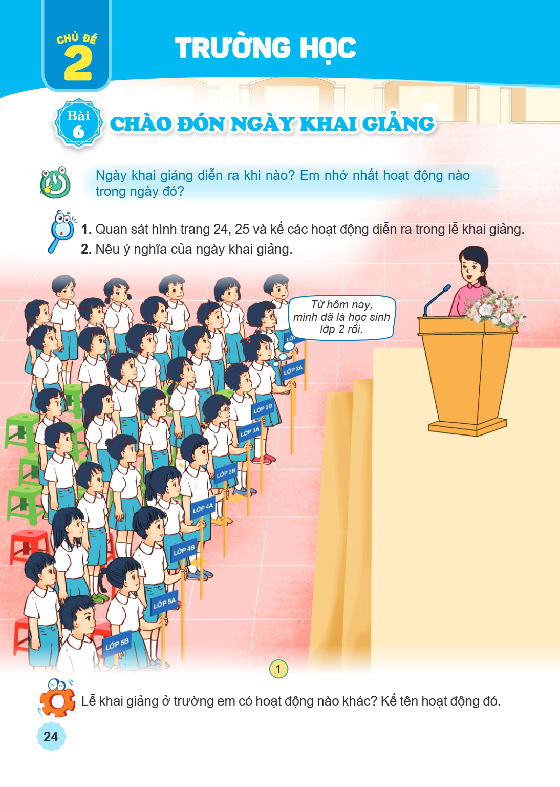 CHỦ ĐỀ 2. TRƯỜNG HỌC Bài 6. Chào đón ngày khai giảng Ngày khai giảng diễn ra khi nào? Em nhớ nhất hoạt động nào trong ngày đó? Quan sát hình trang 24, 25 và kể 
