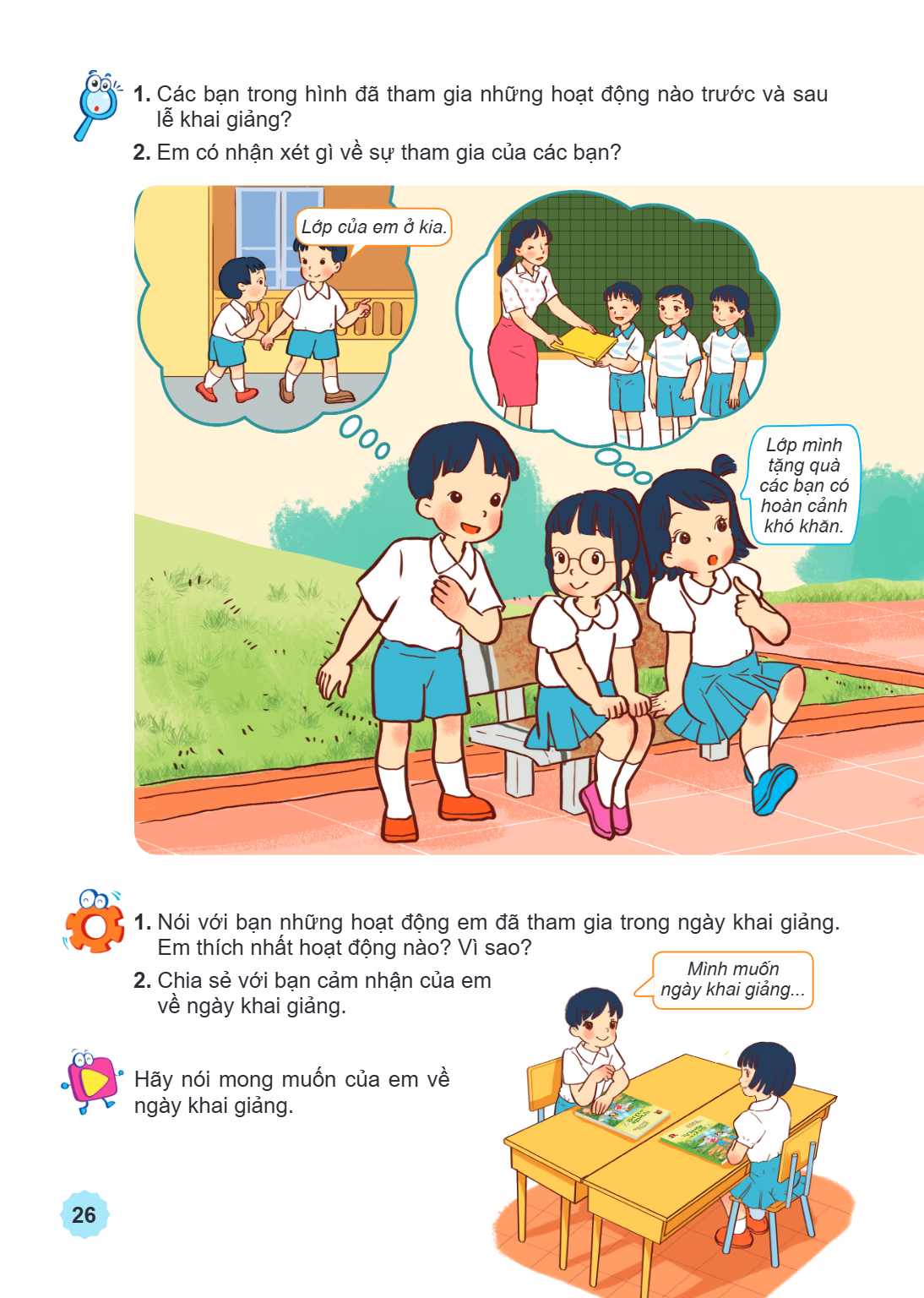 Các bạn trong hình đã tham gia những hoạt động nào trước và sau lễ khai giảng? Em có nhận xét gì về sự tham gia của các bạn? Nói với bạn những hoạt động em đã t
