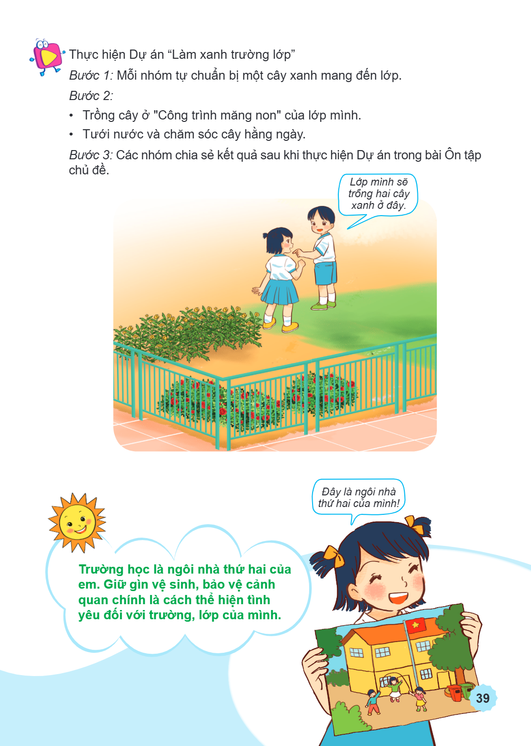 Thực hiện Dự án "Làm xanh trường học" Bước 1: Mỗi nhóm tự chuẩn bị một cây xanh mang đến lớp. Bước 2: Trồng cây ở "Công trình măng non" của lớp mình. Tưới nước 