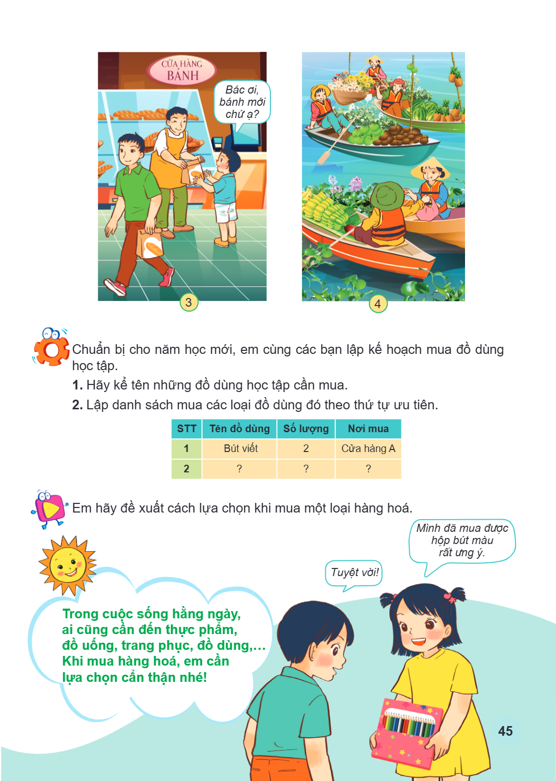 Chuẩn bị cho năm học mới, em cùng các bạn lập kế hoạch mua đồ dùng học tập. Hãy kể tên những đồ dùng học tập cần mua. Lập danh sách mua các loại đồ dùng đó theo