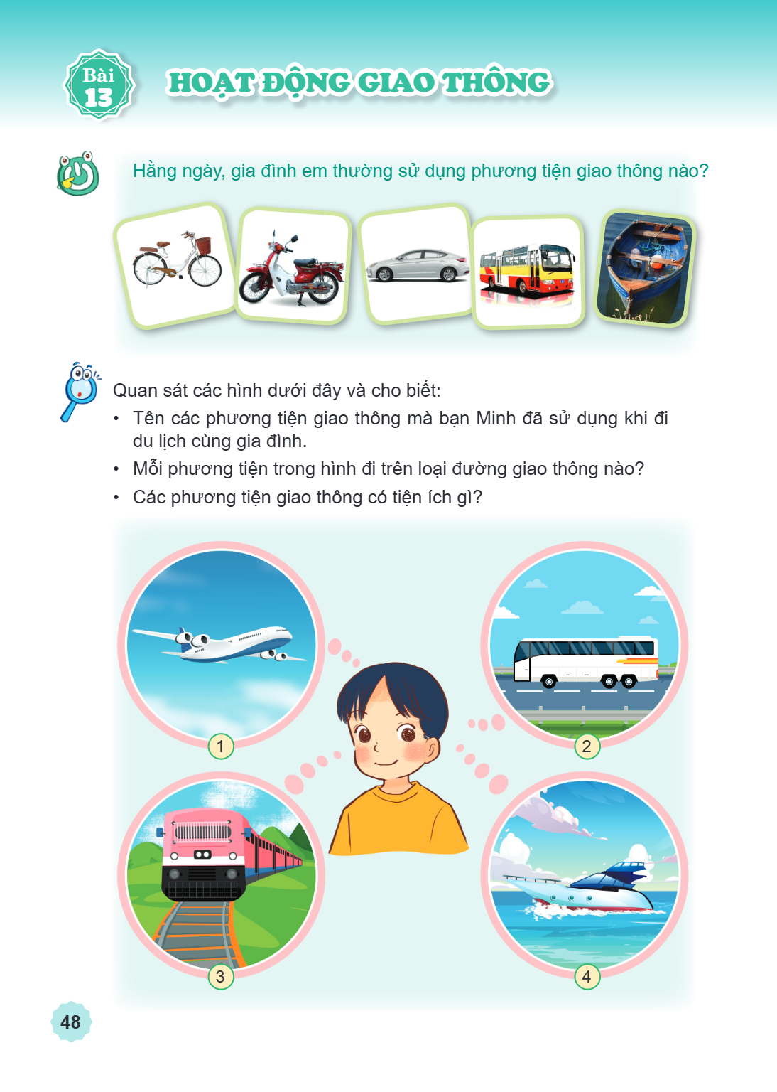 Bài 13. Hoạt động giao thông Hàng ngày, gia đình em thường sử dụng phương tiện giao thông nào? Quan sát các hình dưới đây và cho biết: Tên các phương tiện giao 