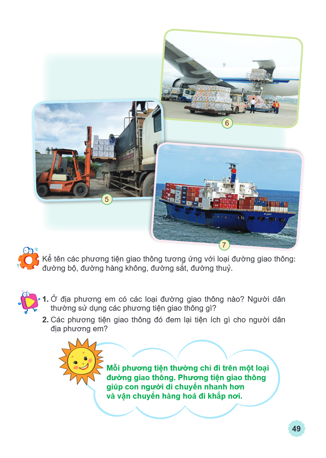6 5 7 Kể tên các phương tiện giao thông tương ứng với loại đường giao thông: đường bộ, đường hàng không, đường sắt, đường thuỷ. 1. Ở địa phương em có các loại đ