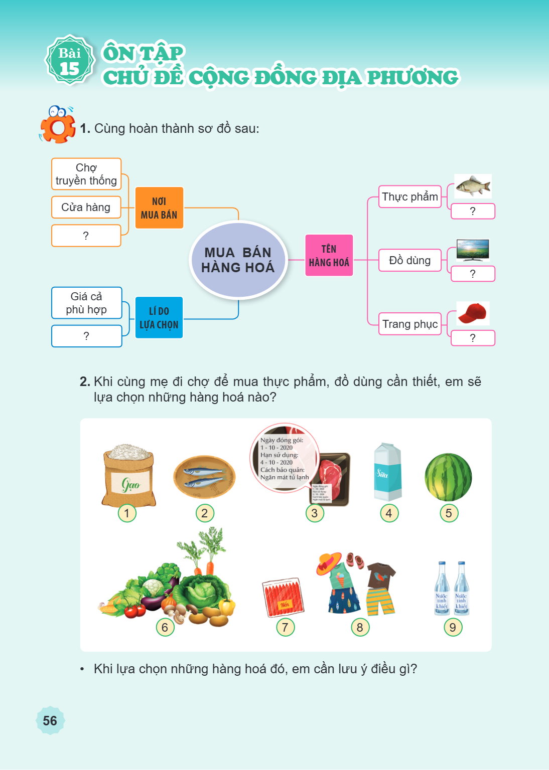 Ôn tập chủ đề Cộng đồng địa phương 1. Cùng hoàn thành sơ đồ sau: Chợ truyền thống Cửa hàng ? NƠI MUA BÁN MUA BÁN HÀNG HOÁ Giá cả phù hợp ? LÍ DO LỰA CHỌN TÊN HÀ