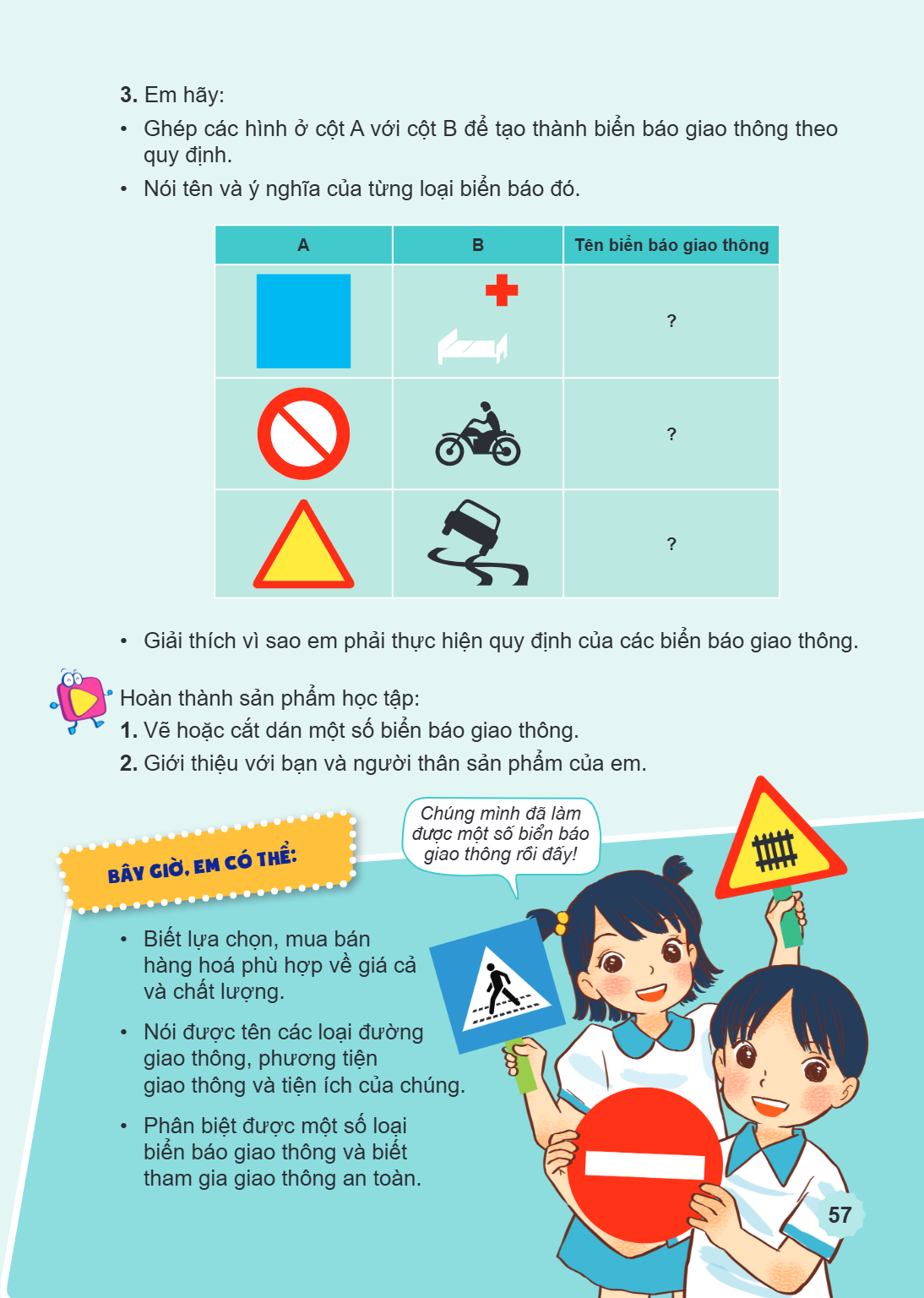 3. Em hãy: Ghép các hình ở cột A với cột B để tạo thành biển báo giao thông theo quy định. Nói tên và ý nghĩa của từng loại biển báo đó. A B Tên biển báo giao t