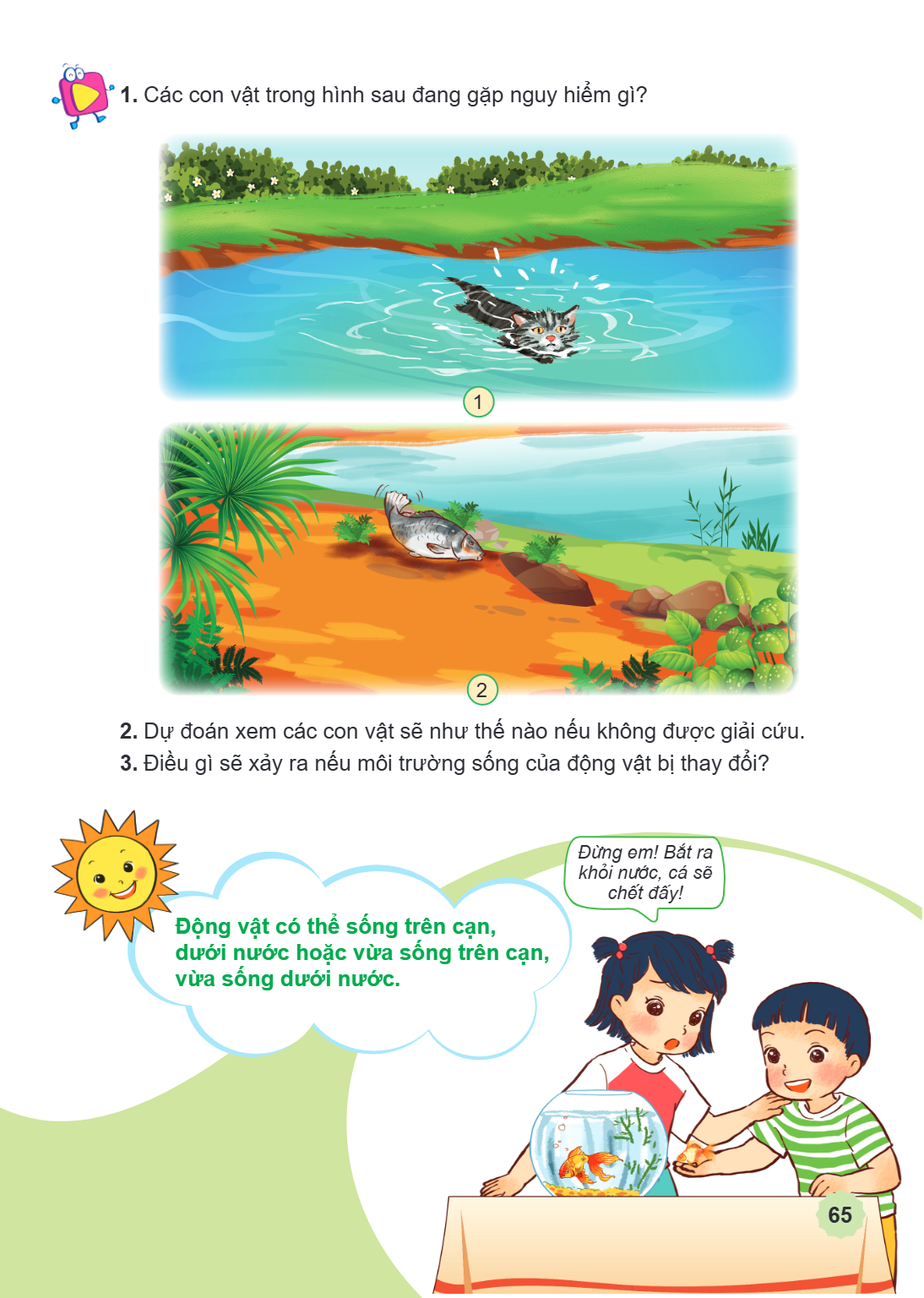 Các con vật trong hình sau đang gặp nguy hiểm gì? 1 2 Dự đoán xem các con vật sẽ như thế nào nếu không được giải cứu. Điều gì sẽ xảy ra nếu môi trường sống của 