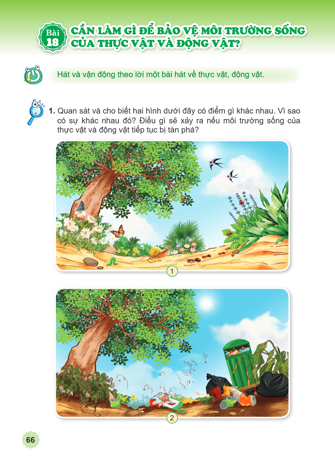 Bài 18. Cần làm gì để bảo vệ môi trường sống của thực vật và động vật? Hát và vận động theo lời một bài hát về thực vật, động vật. Quan sát và cho biết hai hình