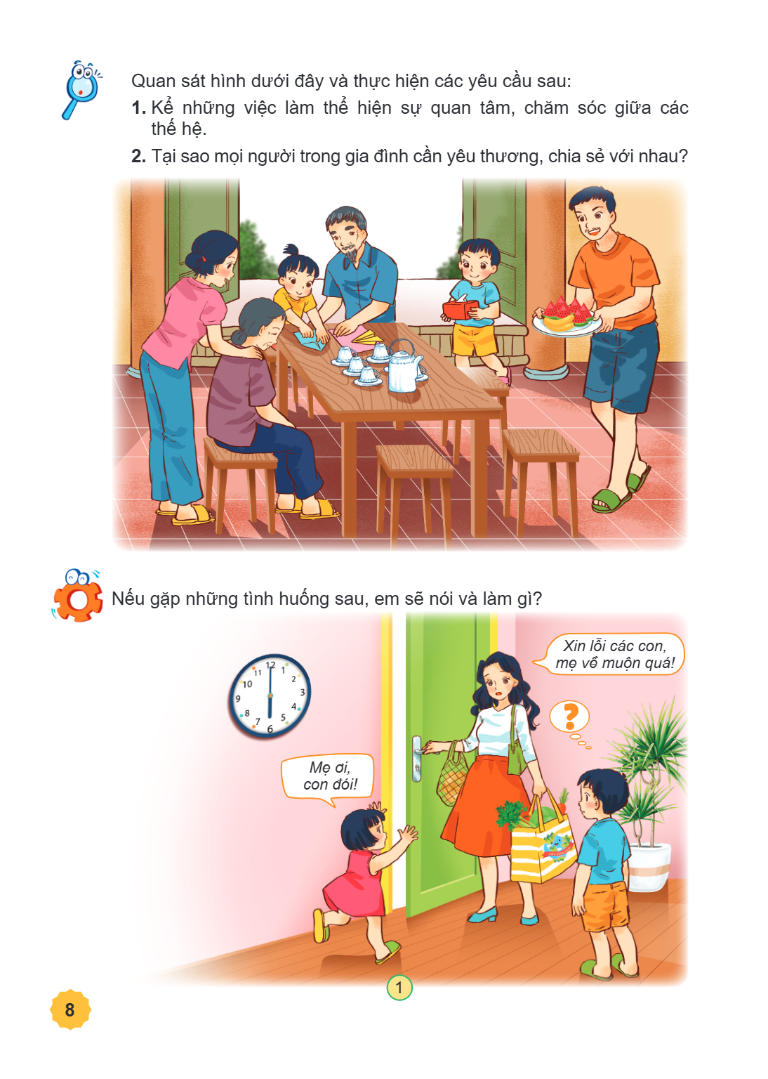 Quan sát hình dưới đây và thực hiện các yêu cầu sau: Kể những việc làm thể hiện sự quan tâm, chăm sóc giữa các thế hệ. 2. Tại sao mọi người trong gia đình cần y