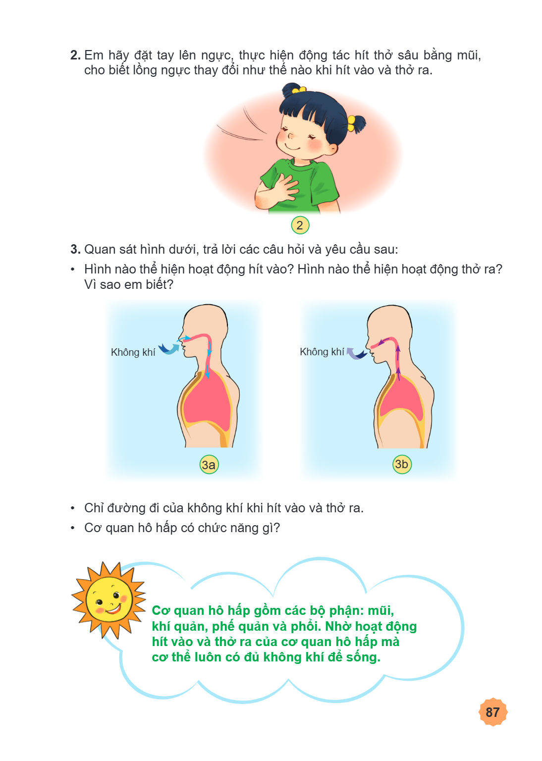 2. Em hãy đặt tay lên ngực, thực hiện động tác hít thở sâu bằng mũi, cho biết lồng ngực thay đổi như thế nào khi hít vào và thở ra. 2 Quan sát tr ̀ ả lời các câ