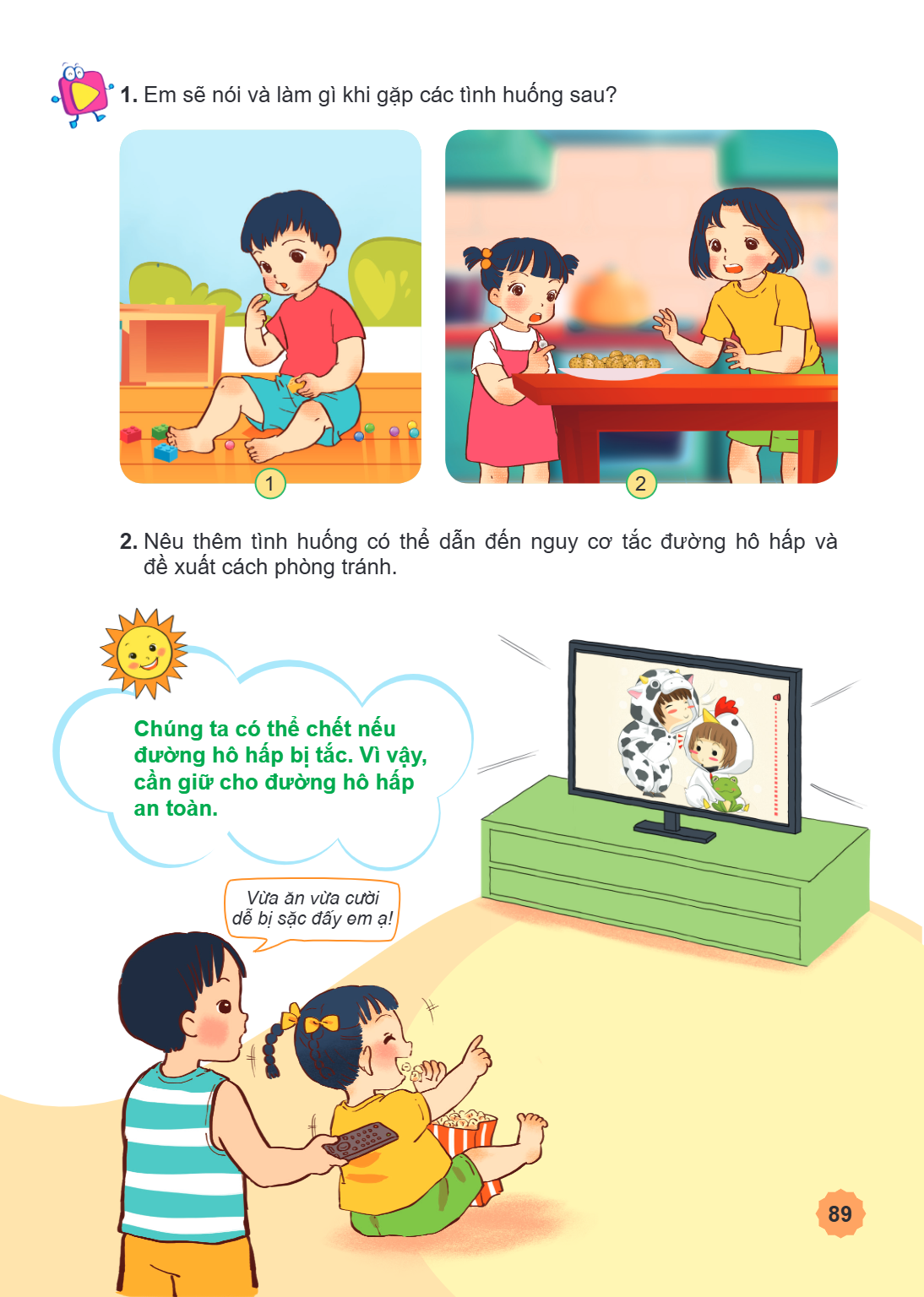 1. Em sẽ nói và làm gì khi gặp các tình huống sau? 1 1 2 2. Nêu thêm tình huống có thể dẫn đến nguy cơ tắc đường hô hấp và đề xuất cách phòng tránh. Chúng ta có