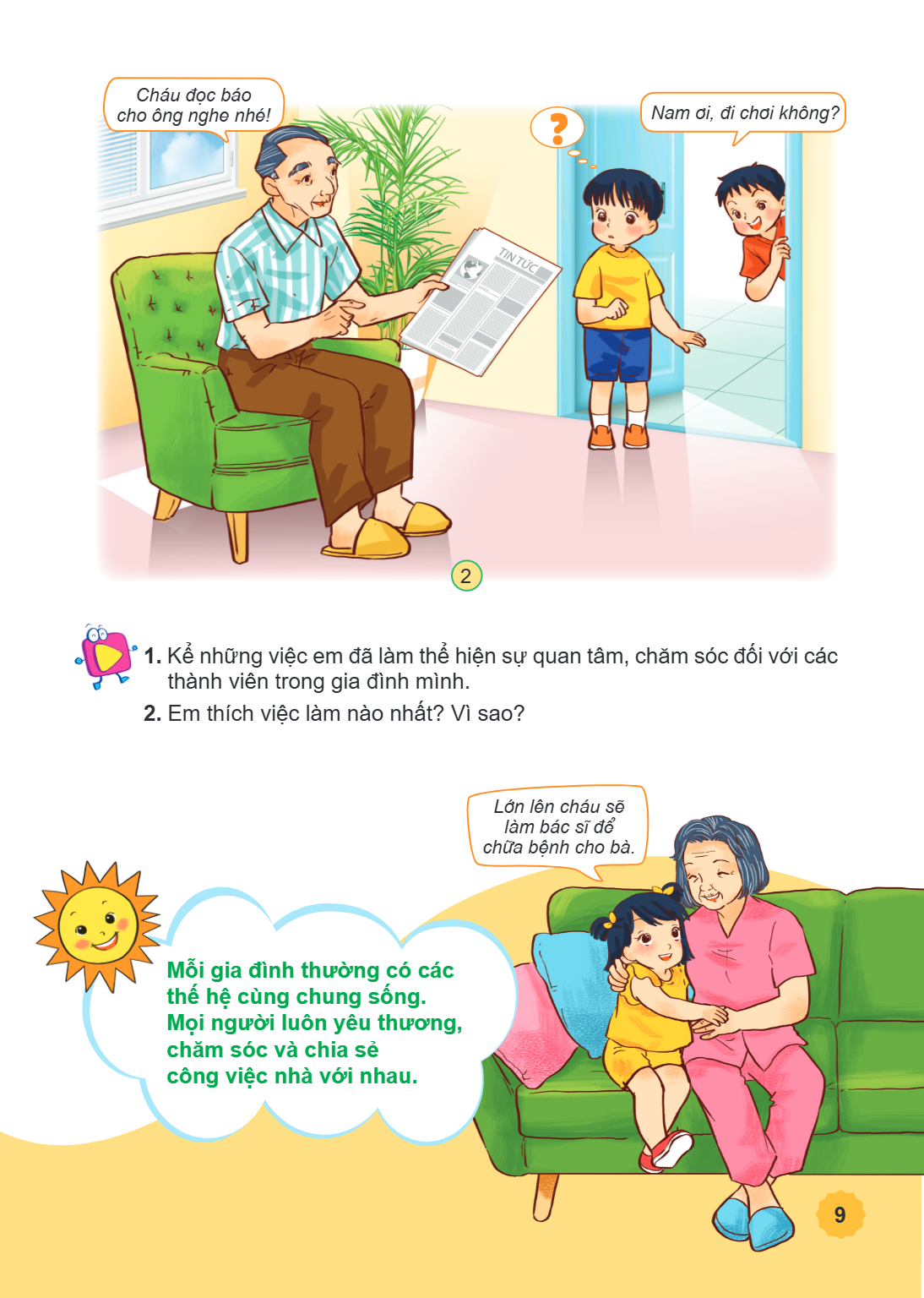 Cháu đọc báo cho ông nghe nhé! Nam ơi, đi chơi không? 1. Kể những việc em đã làm thể hiện sự quan tâm, chăm sóc đối với các thành viên trong gia đình mình. 2. E