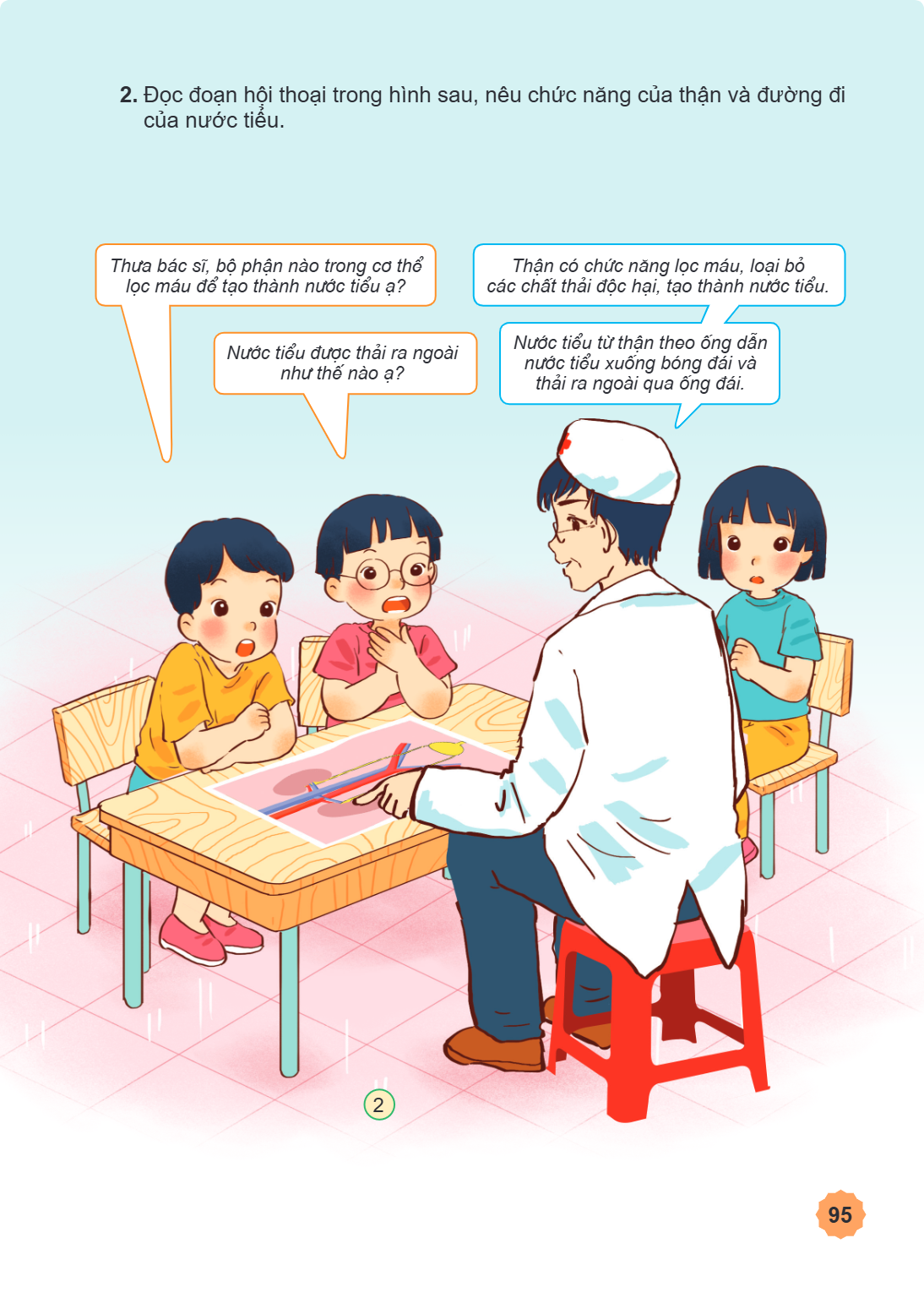 Đọc đoạn hội thoại trong hình sau, nêu chức năng của thận và đường đi của nước tiểu. Thưa bác sĩ, bộ phận nào trong cơ thể lọc máu để tạo thành nước tiểu ạ? Nướ