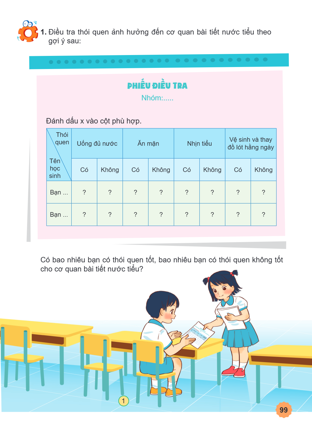 1. Điều tra thói quen ảnh hưởng đến cơ quan bài tiết nước tiểu theo gợi ý sau: PHIẾU ĐIỀU TRA Nhóm:...... Đánh dấu x vào cột phù hợp. Thói quen, Uống đủ nước, U