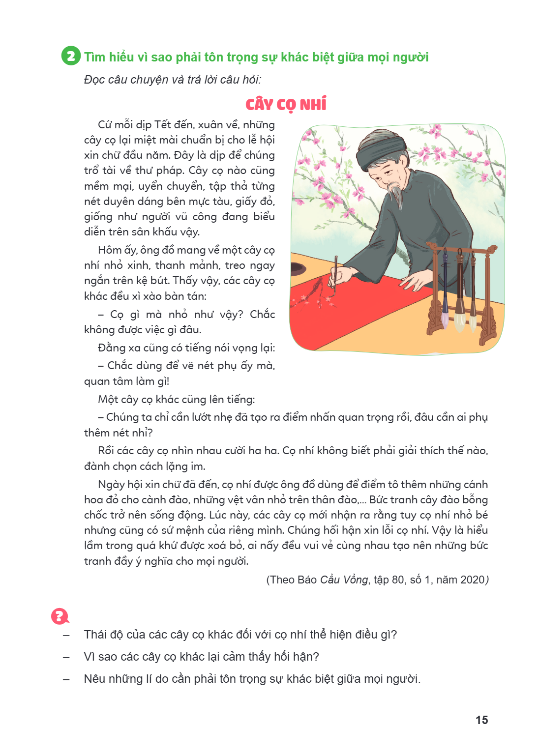 2 Tìm hiểu vì sao phải tôn trọng sự khác biệt giữa mọi người Đọc câu chuyện và trả lời câu hỏi: CÂY CỌ NHÍ Cứ mỗi dịp Tết đến, xuân về, những cây cọ lại miệt mà