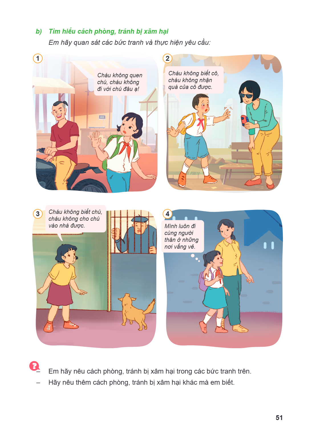 b) Tìm hiểu cách phòng, tránh bị xâm hại Em hãy quan sát các bức tranh và thực hiện yêu cầu: 1 2 Cháu không quen Cháu không biết cô, chú, cháu không cháu không 