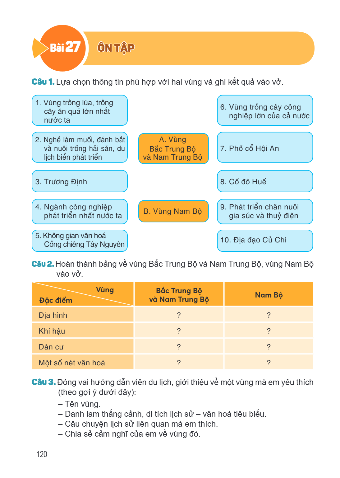 Ôn tập Câu 1. Lựa chọn thông tin phù hợp với hai vùng và ghi kết quả vào vở. Vùng trồng lúa, trồng cây ăn quả lớn nhất nước ta Nghề làm muối, đánh bắt và nuôi t