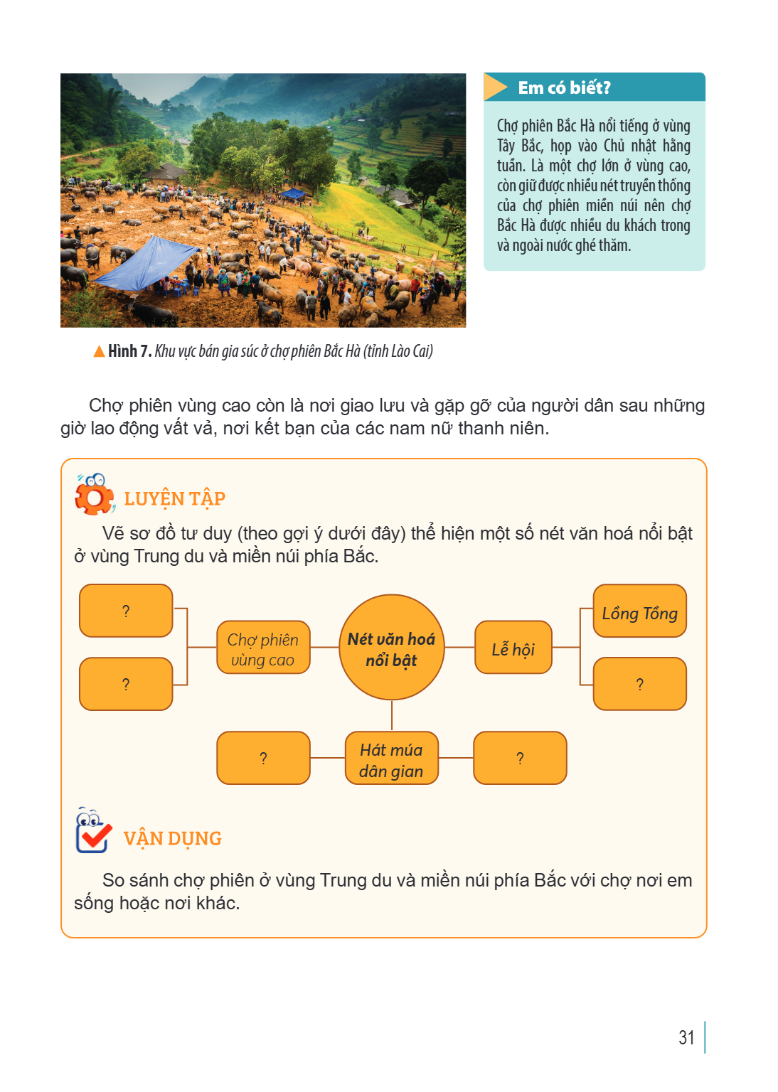 Hình 7. Khu vực bán gia súc ở chợ phiên Bắc Hà (tỉnh Lào Cai) Em có biết? Chợ phiên Bắc Hà nổi tiếng ở vùng Tây Bắc, họp vào Chủ nhật hằng tuần. Là một chợ lớn 