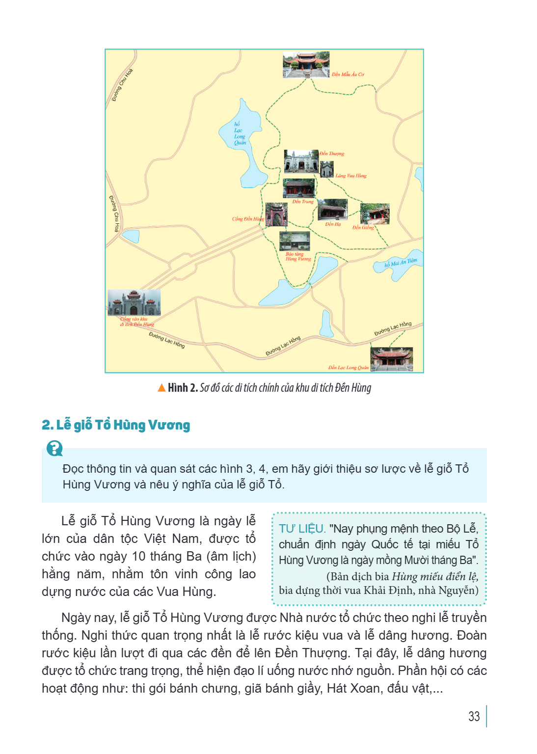 Hình 2. Sơ đồ các di tích chính của khu di tích Đền Hùng 2. Lễ giỗ Tổ Hùng Vương ? Đọc thông tin và quan sát các hình 3, 4, Hùng Vương và nêu ý nghĩa của lễ giỗ