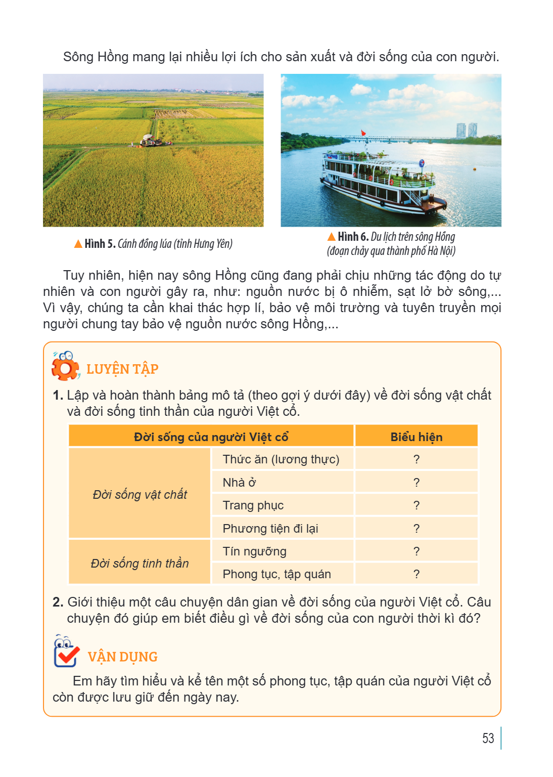Sông Hồng mang lại nhiều lợi ích cho sản xuất và đời sống của con người. Hình 5. Cánh đồng lúa (tỉnh Hưng Yên) Hình 6. Du lịch trên sông Hồng (đoạn chảy qua thà