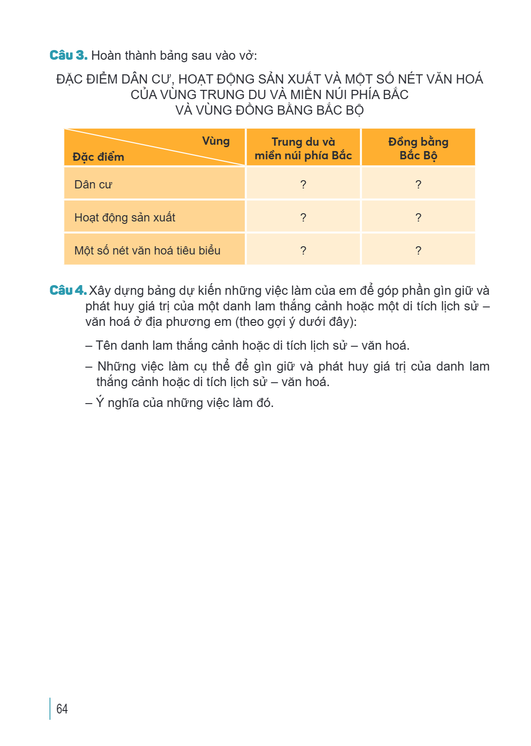 Câu 3. Hoàn thành bảng sau vào vở: ĐẶC ĐIỂM DÂN CƯ, HOẠT ĐỘNG SẢN XUẤT VÀ MỘT SỐ NÉT VĂN HOÁ CỦA VÙNG TRUNG DU VÀ MIỀN NÚI PHÍA BẮC VÀ VÙNG ĐỒNG BẰNG BẮC BỘ Đặc