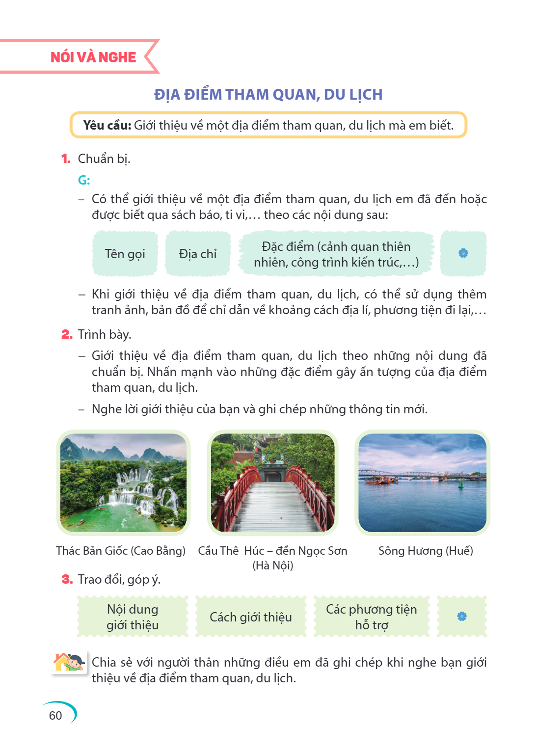 nói và nghe địa điểm tham quan, du lịch Yêu cầu: Giới thiệu về một địa điểm tham quan, du lịch mà em biết. Chuẩn bị. G: Có thể giới thiệu về một địa điểm tham q
