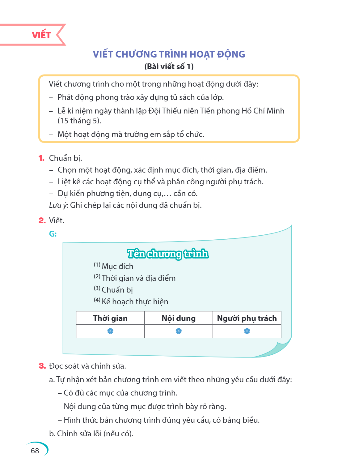 VIẾT VIẾT CHƯƠNG TRÌNH HOẠT ĐỘNG (Bài viết số 1) Viết chương trình cho một trong những hoạt động dưới đây: – Phát động phong trào xây dựng tủ sách của lớp. – Lễ