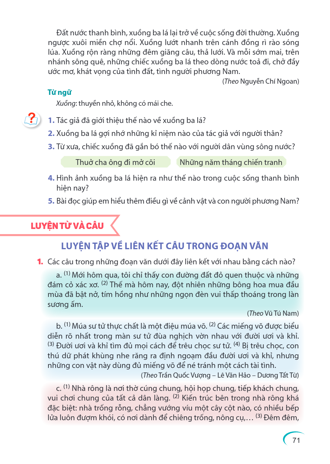 Đất nước thanh bình, xuồng ba lá lại trở về cuộc sống đời thường. Xuồng ngược xuôi miền chợ nổi. Xuồng lướt nhanh trên cánh đồng rì rào sóng lúa. Xuồng rộn ràng