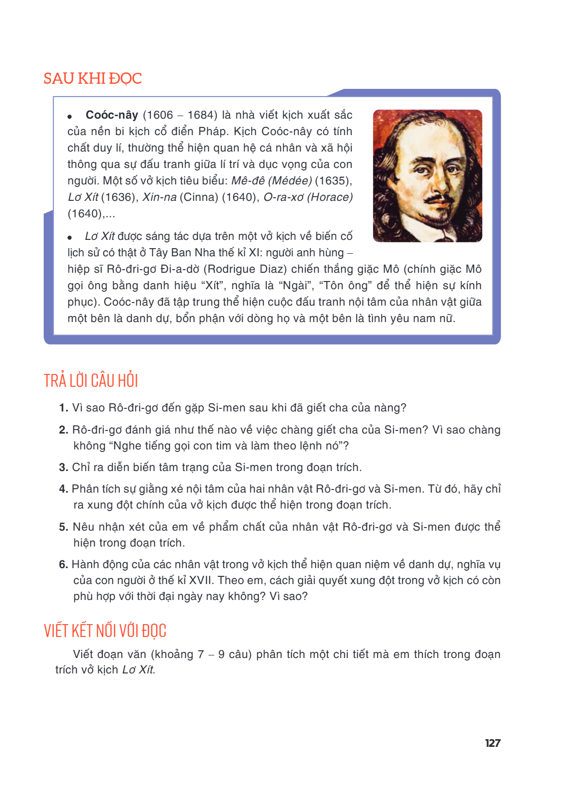 SAU KHI ĐỌC Coóc-nây (1606 - 1684) là nhà viết kịch xuất sắc của nền bi kịch cổ điển Pháp. Kịch Coóc-nây có tính chất duy lí, thường thể hiện quan hệ cá nhân và